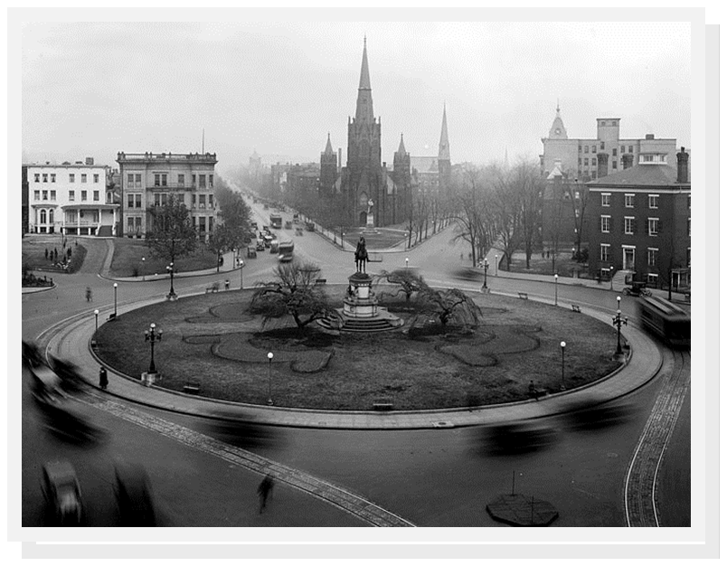 Thomas Circle, Washington, DC 1922.  The equestrian statue seen in this image was erected in 1879 and honors General George Henry Thomas. The streetcar lines wrapping around the Circle on 14th Street were installed in the 1890s, but no longer exist.   It is located at the intersection of Massachusetts Avenue NW, Vermont Avenue NW, 14th Street NW, and M Street NW 